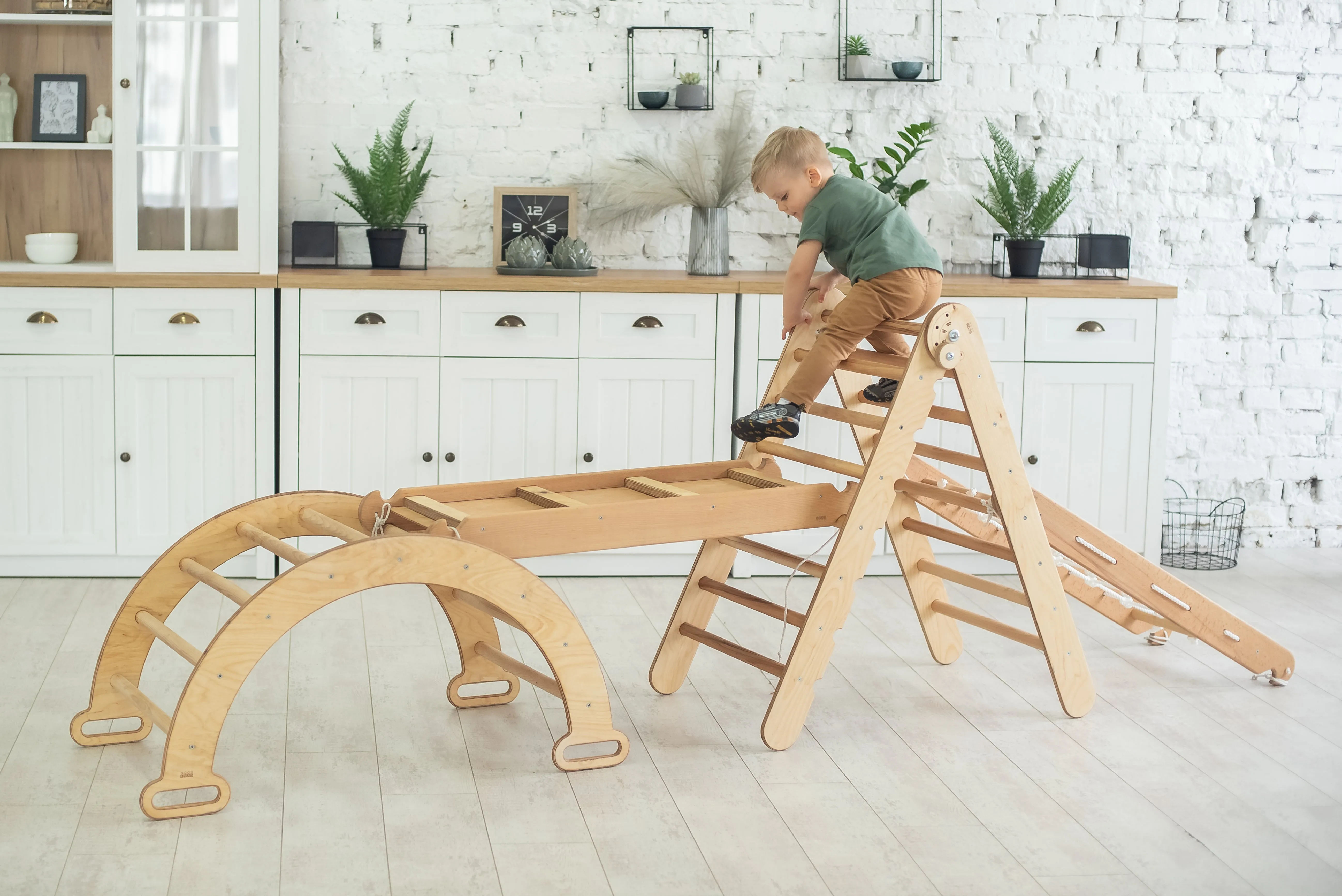 4in1 Montessori Climbing Frame Set: Triangle Ladder   Arch/Rocker   Slide Board/Ramp   Netting rope