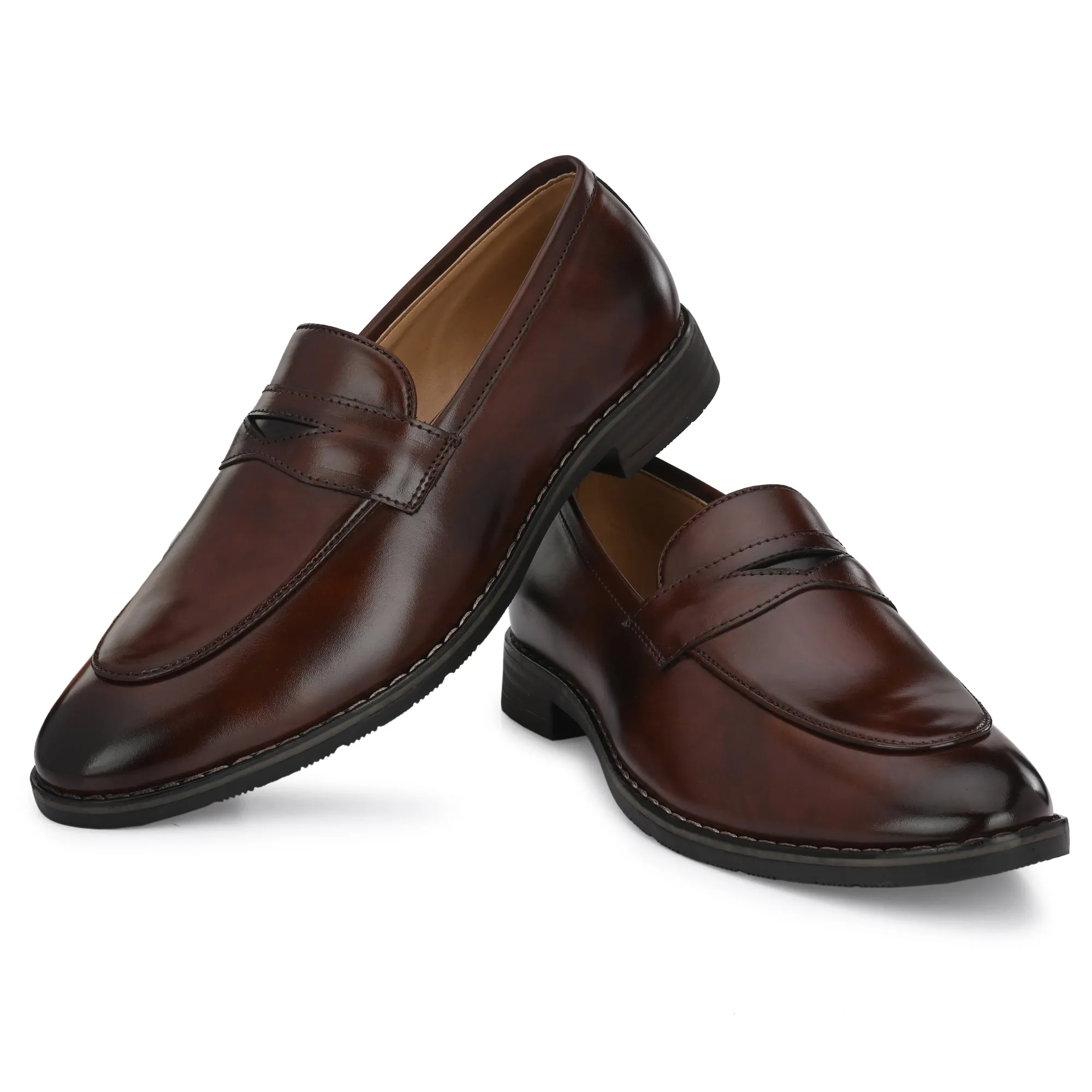 Attitudist Unisex Handcrafted Glossy Brown Penny Loafer With Double Stitched Welts