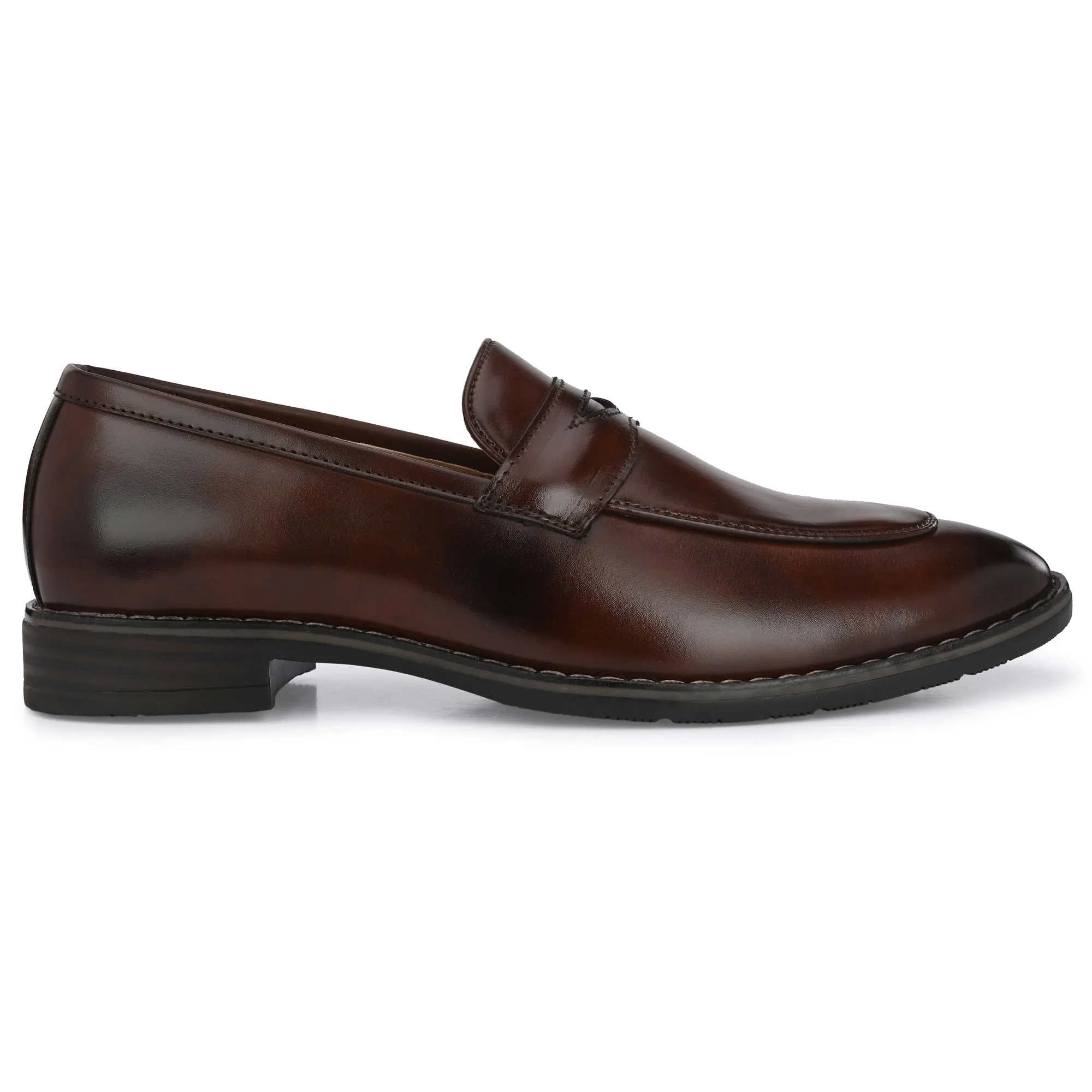 Attitudist Unisex Handcrafted Glossy Brown Penny Loafer With Double Stitched Welts