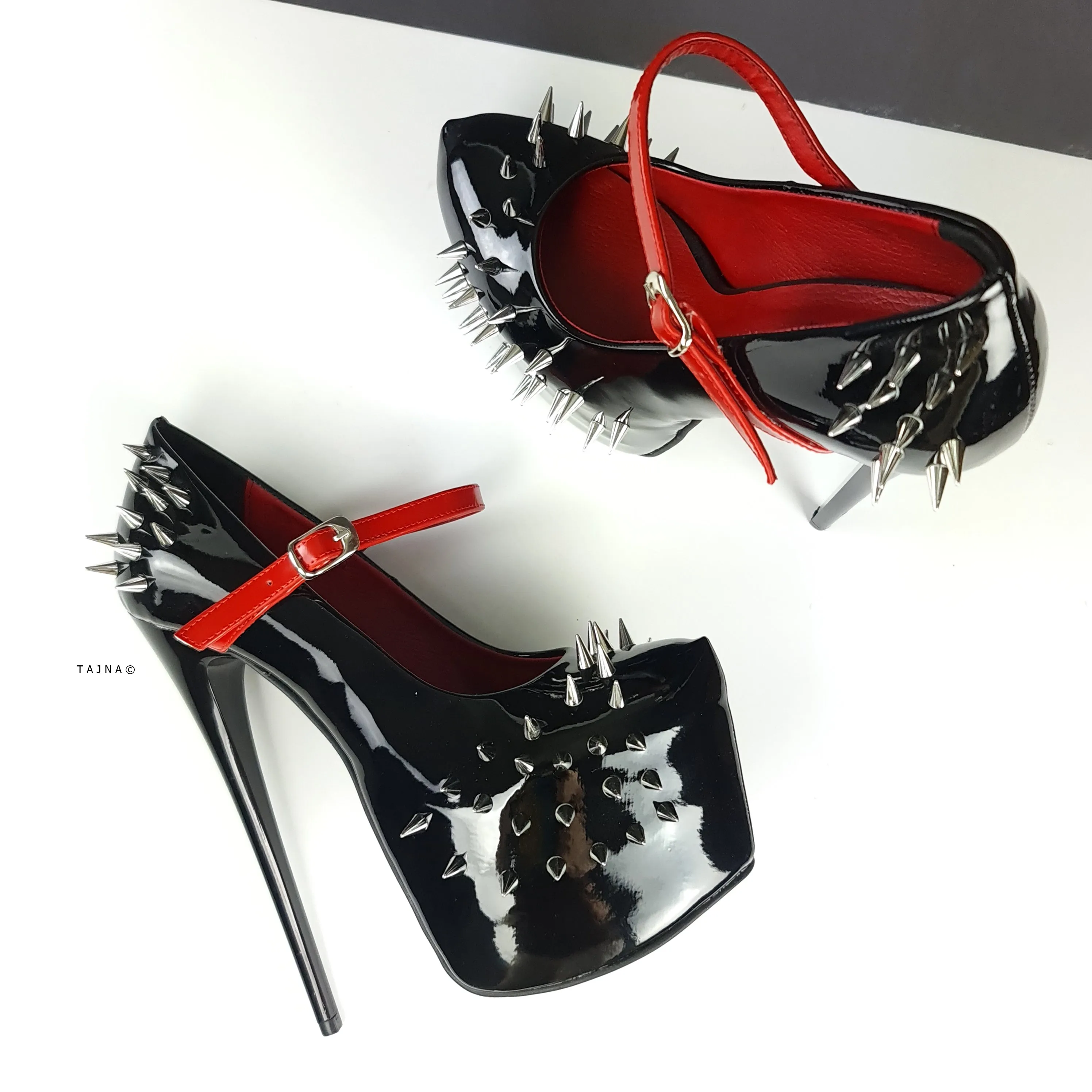 Black Red Gloss Spike Studded Strapped Heels