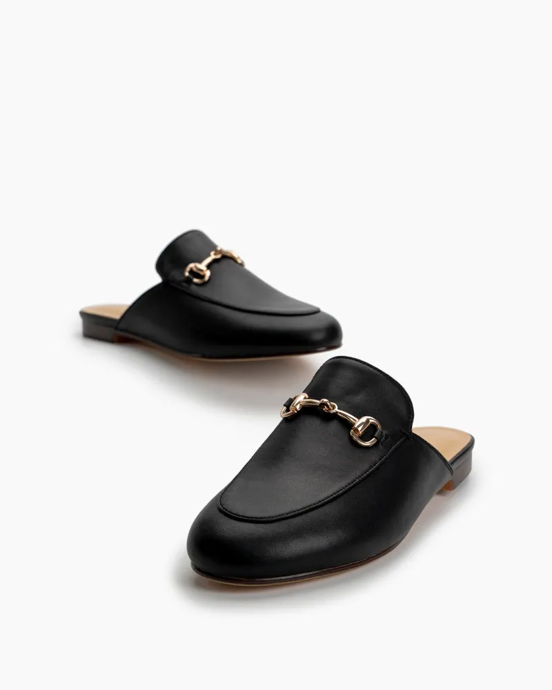 Classic Metal Buckle Leather Slide Slip On Flat Mules