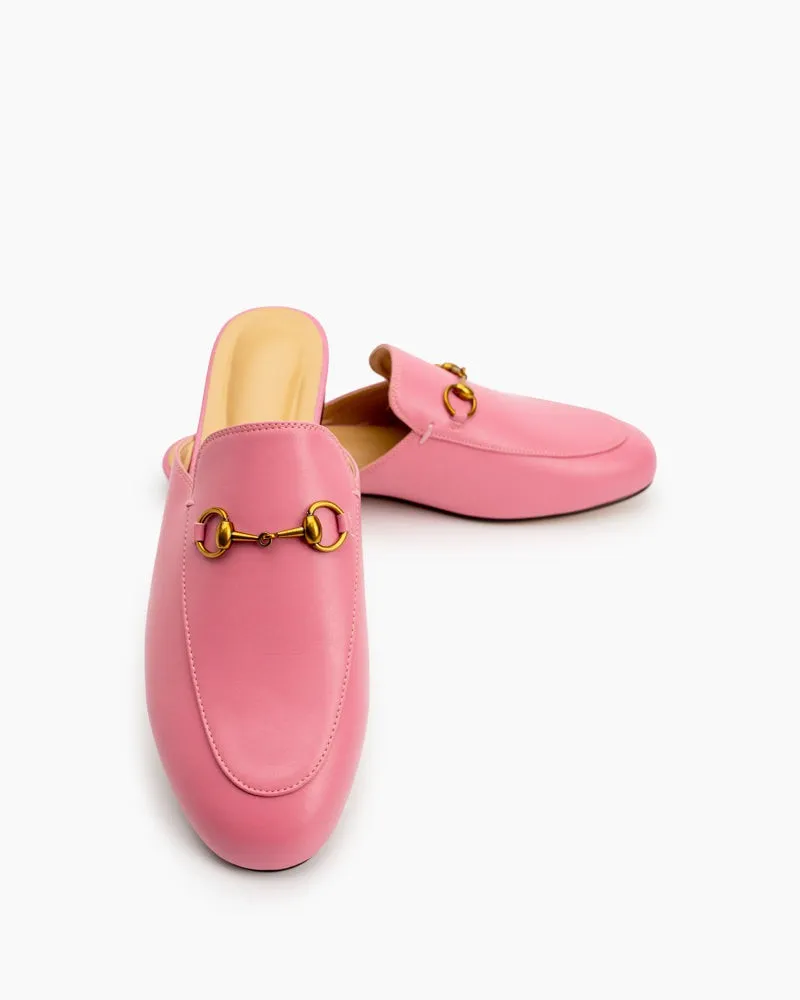 Classic Metal Buckle Leather Slide Slip On Flat Mules