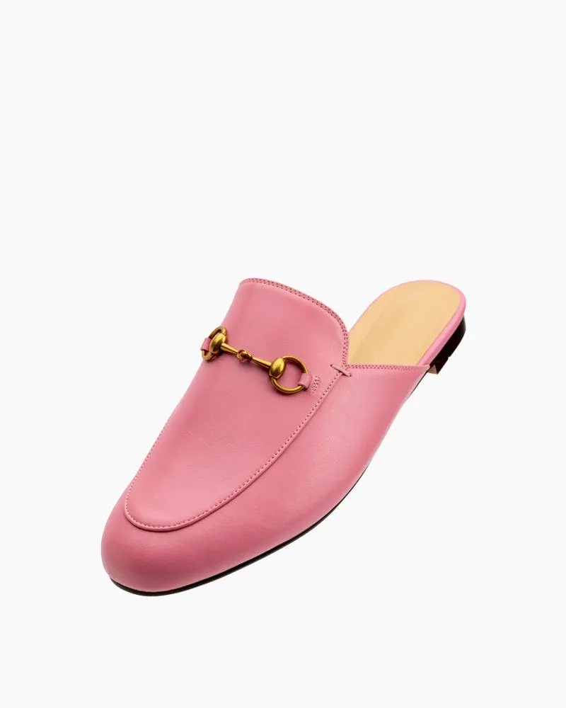 Classic Metal Buckle Leather Slide Slip On Flat Mules