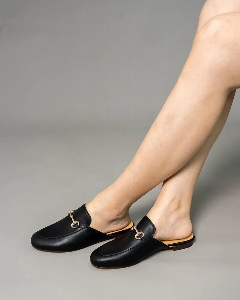 Classic Metal Buckle Leather Slide Slip On Flat Mules