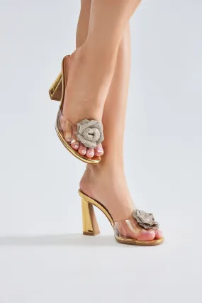 Fallyn Rhinestone Flower Mules - Gold