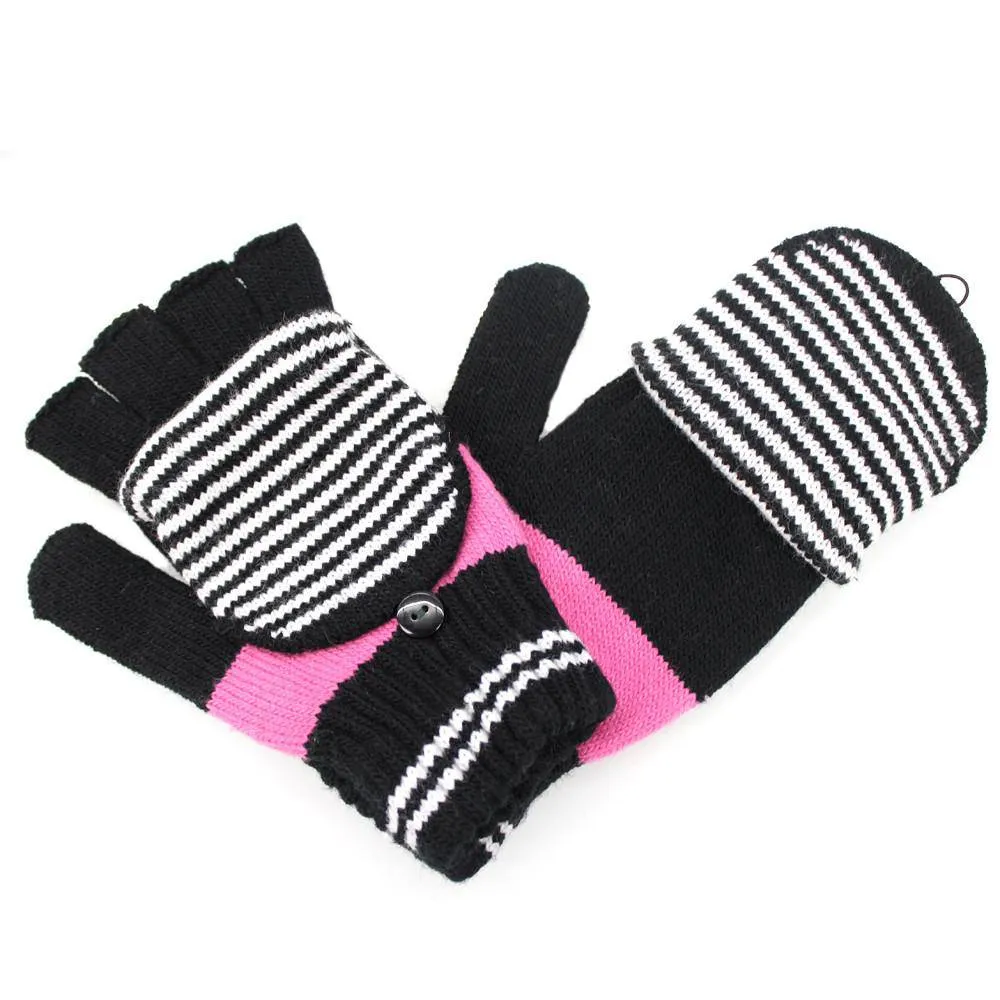 Flip Top Striped Mitten-Black