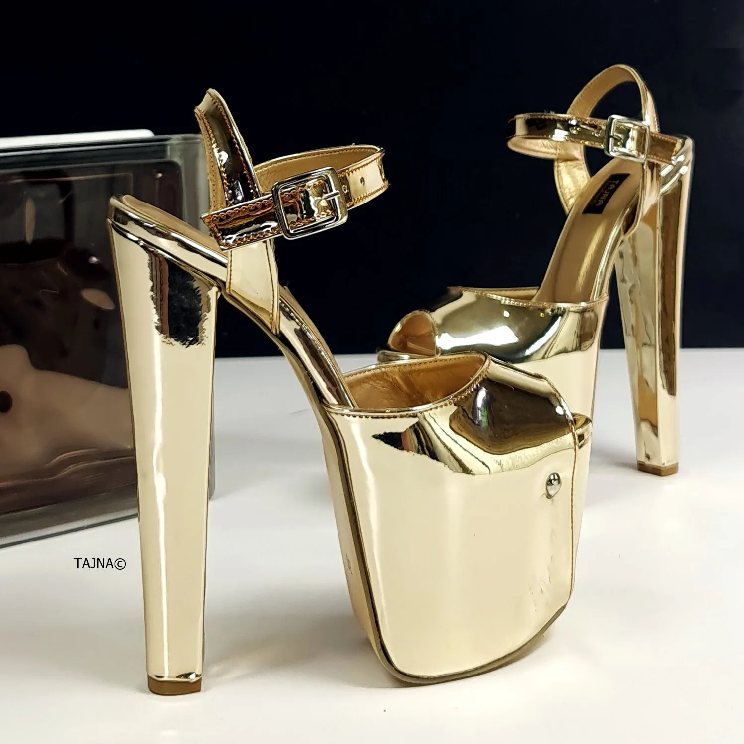 Golden Mirror Chunky High Heel Sandals