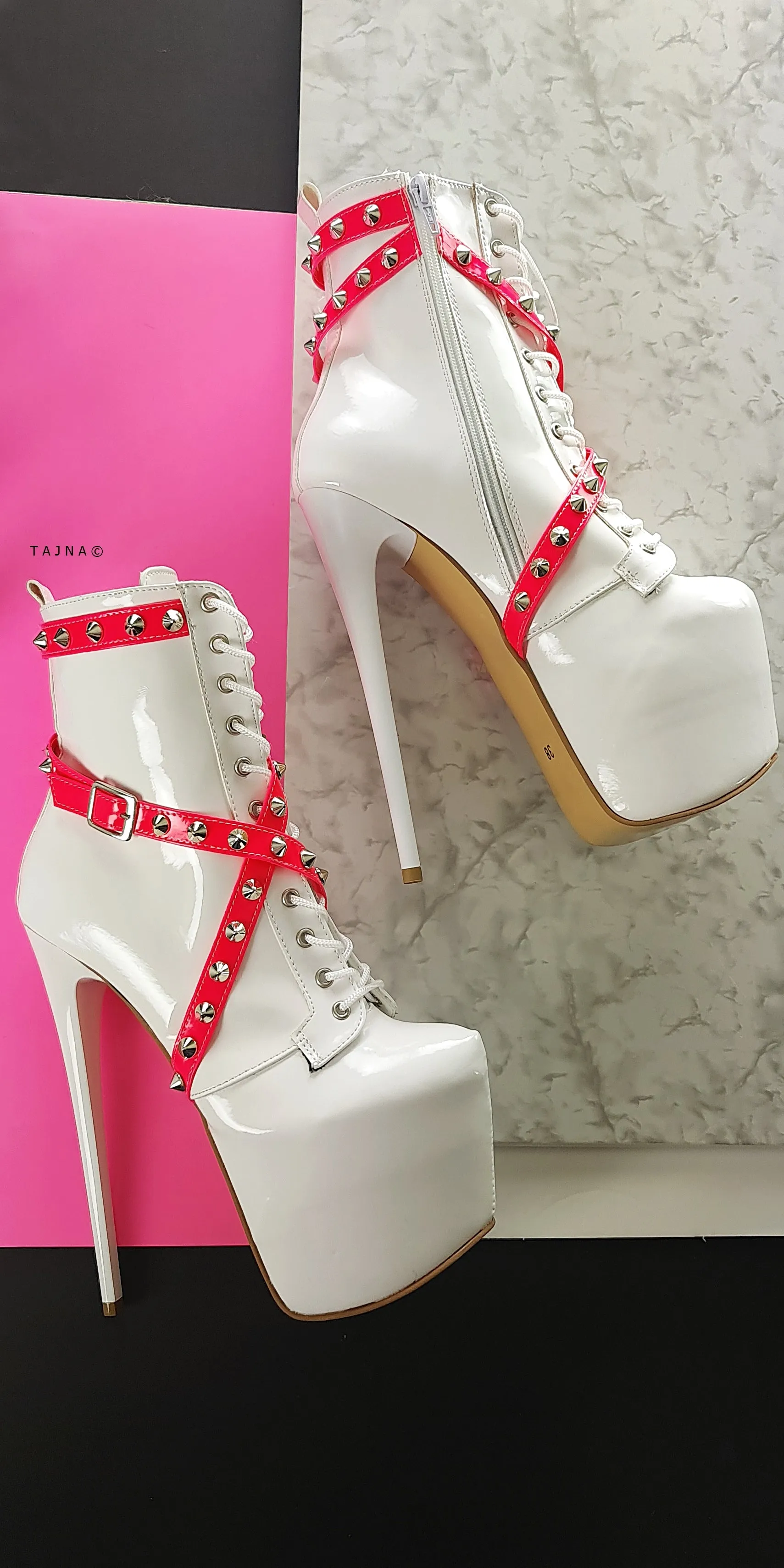 Hot Pink White Gloss Spike Studs High Heel Rocker Boots