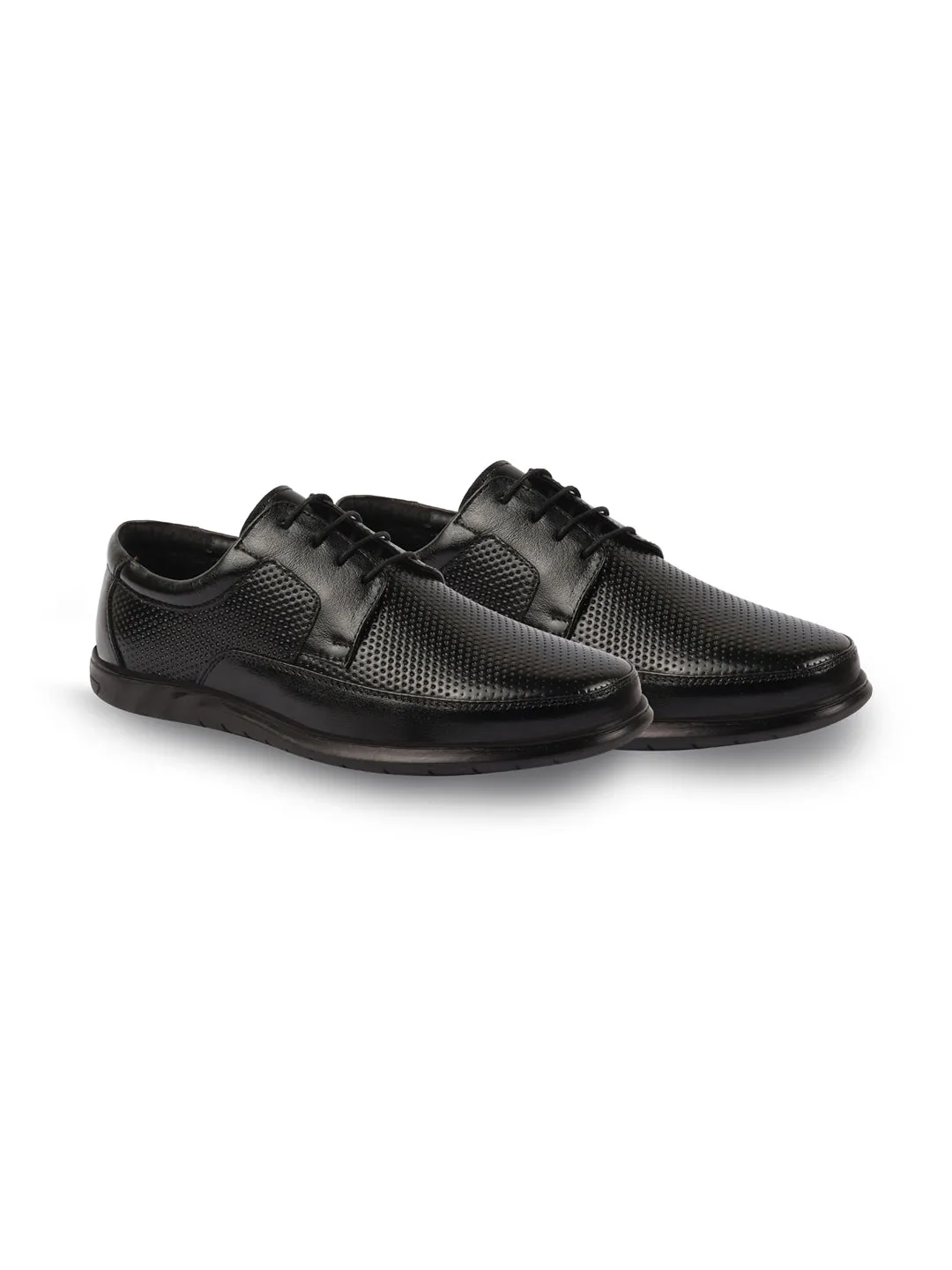 Men Black Genuine Leather Textured Formal Lace Up Flat Heel Shoes For Office|Work|Broad Feet Formal Shoes