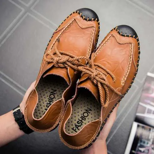 Men Soft Genuine Leather Flat Loafers Lace Up Leather Shoes