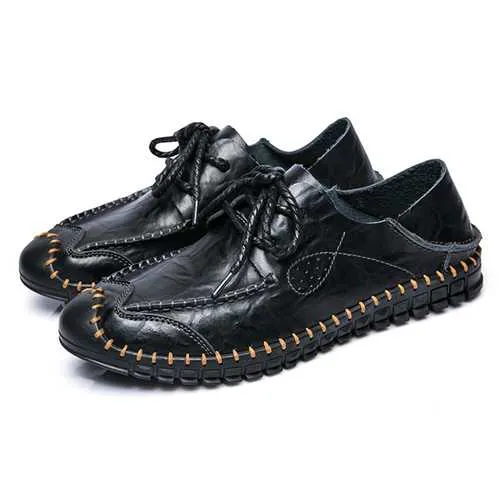 Men Soft Genuine Leather Flat Loafers Lace Up Leather Shoes