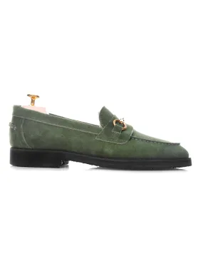 Penny Loafer Horsebit Buckle - Olive Green Suede Leather (Black Crepe Sole)