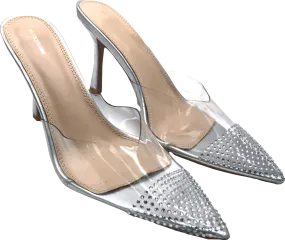 PrettyLittleThing Silver Vinyl Point Toe Diamante Heeled Court Mules UK 7 EU 40 👠