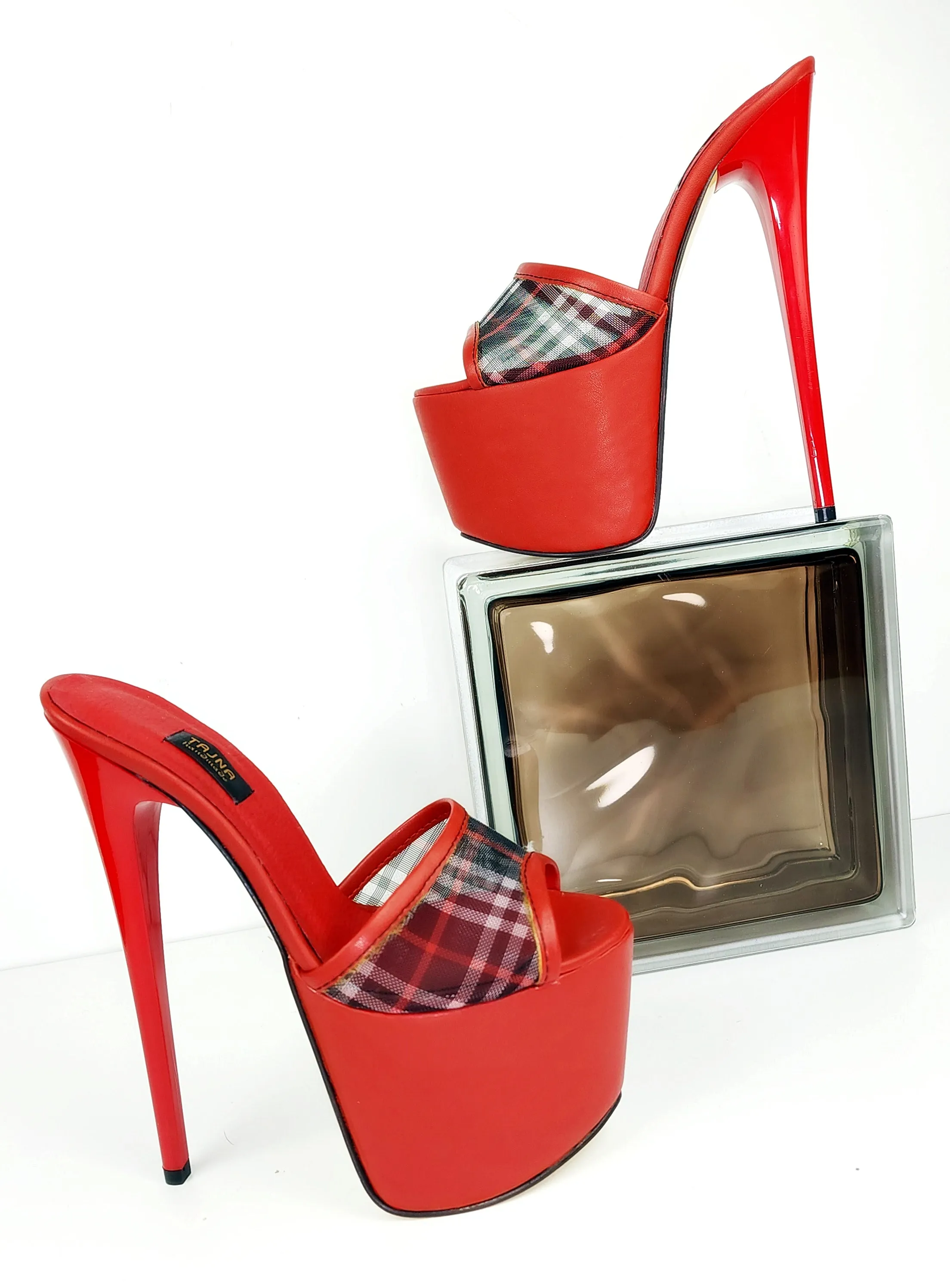 Red Transparent Tartan Plaid High Heel Mules