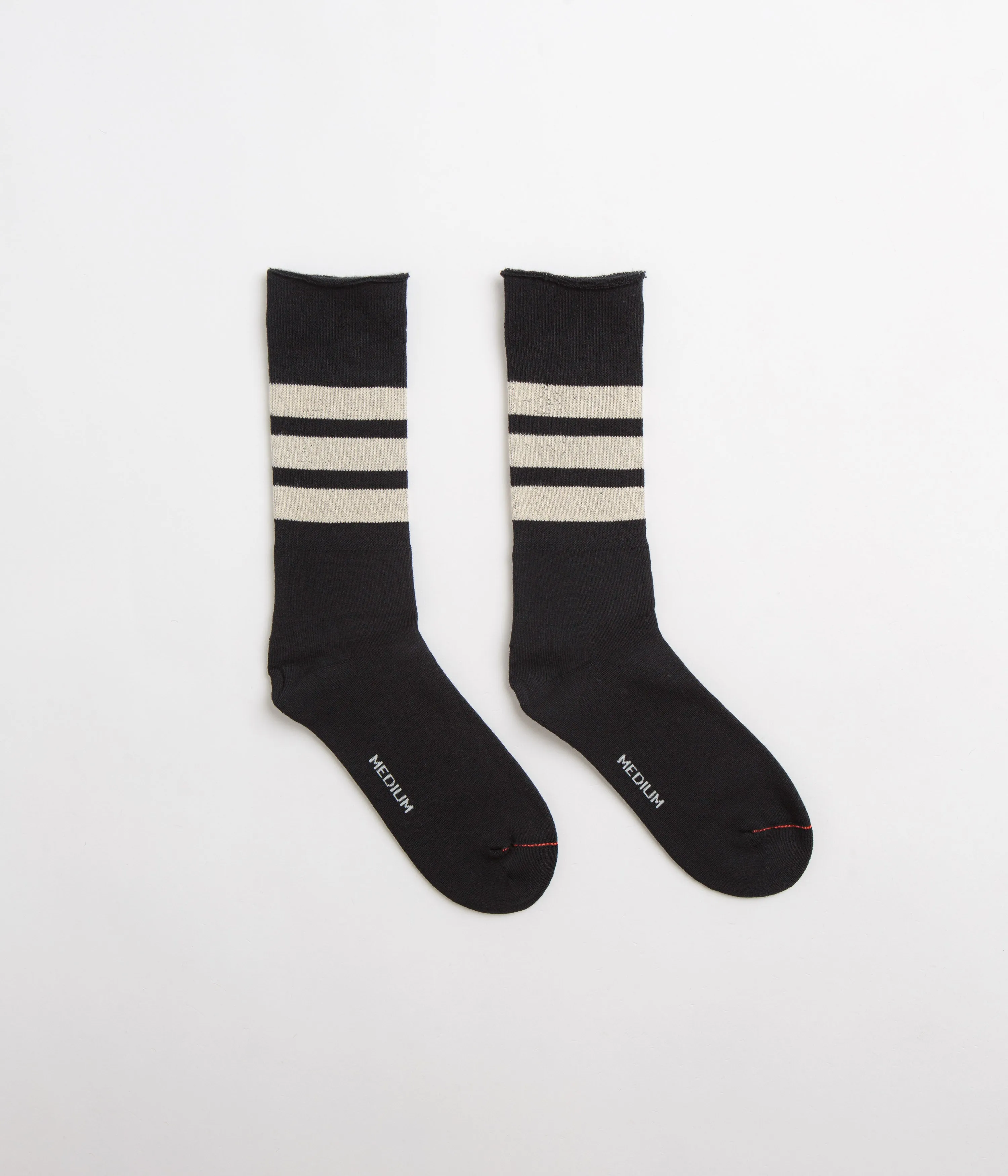 RoToTo Fine Pile Striped Socks - Black / Raw Beige