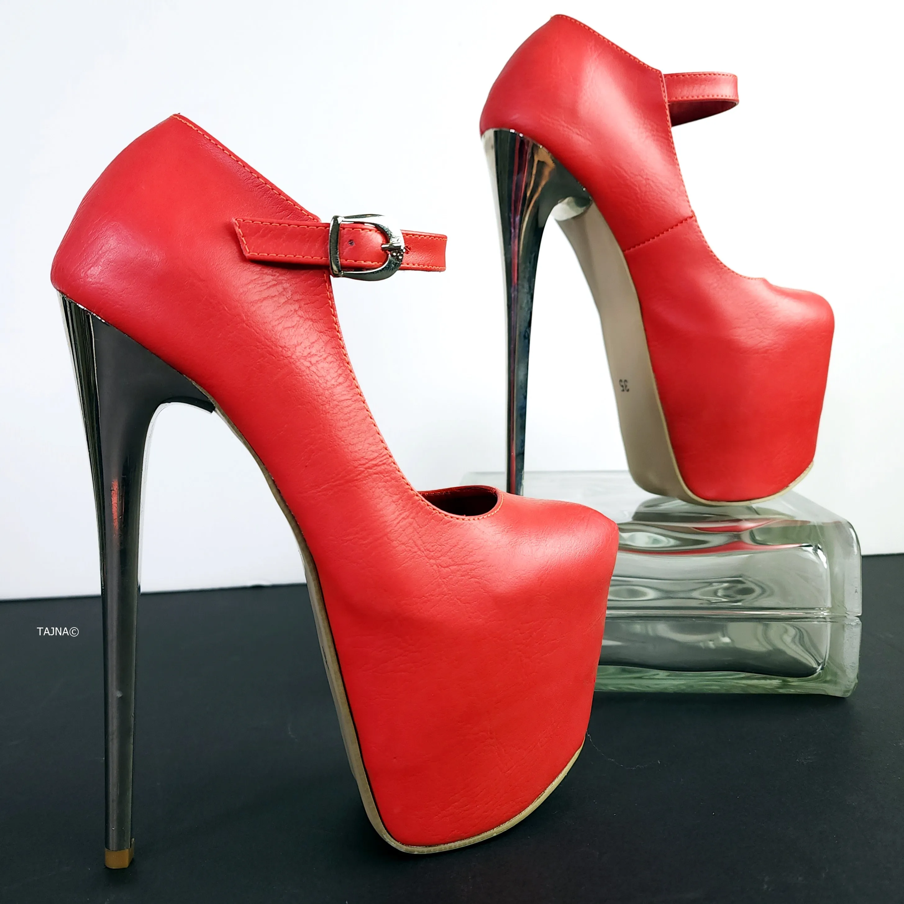 Soft Red Metallic Heel Modern Mary Jane Pumps