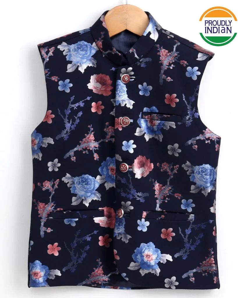 VASTRAMAY Boy's Imported Fabric Floral Print Navy Blue Nehru Jacket